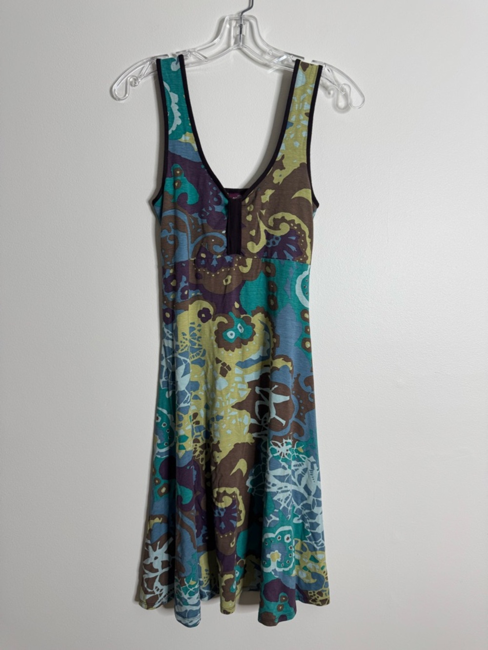 Salaam Vintage Sleeveless Floral Abstract Print Dress in Teal & Olive Medium M